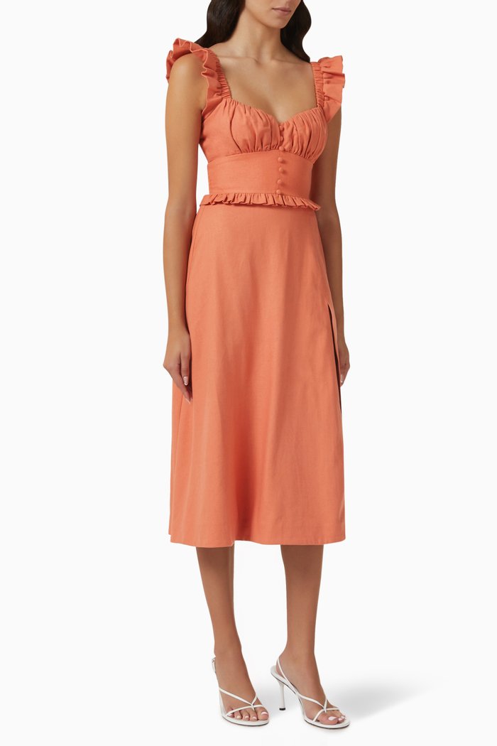 

Tie-back Ruffled Midi Dress in Linen-blend, Orange