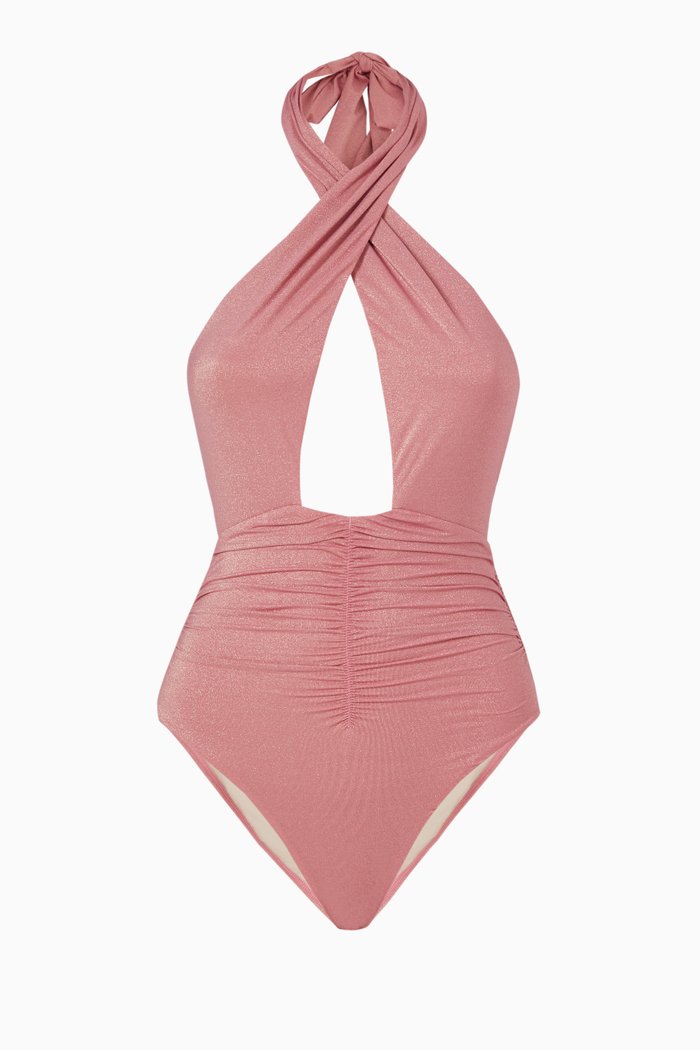 

Celine Ruched Swimsuit in Stretch Shimmer Nylon, Pink
