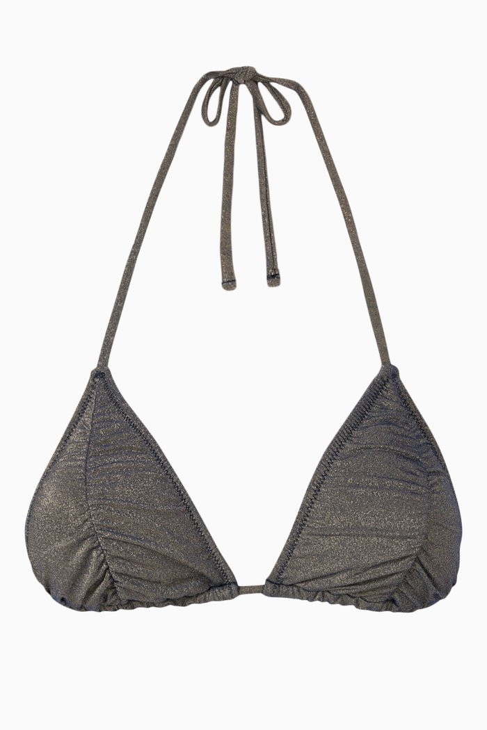 

Ruched Triangle Bikini Top in Stretch Shimmer Viscose, Silver
