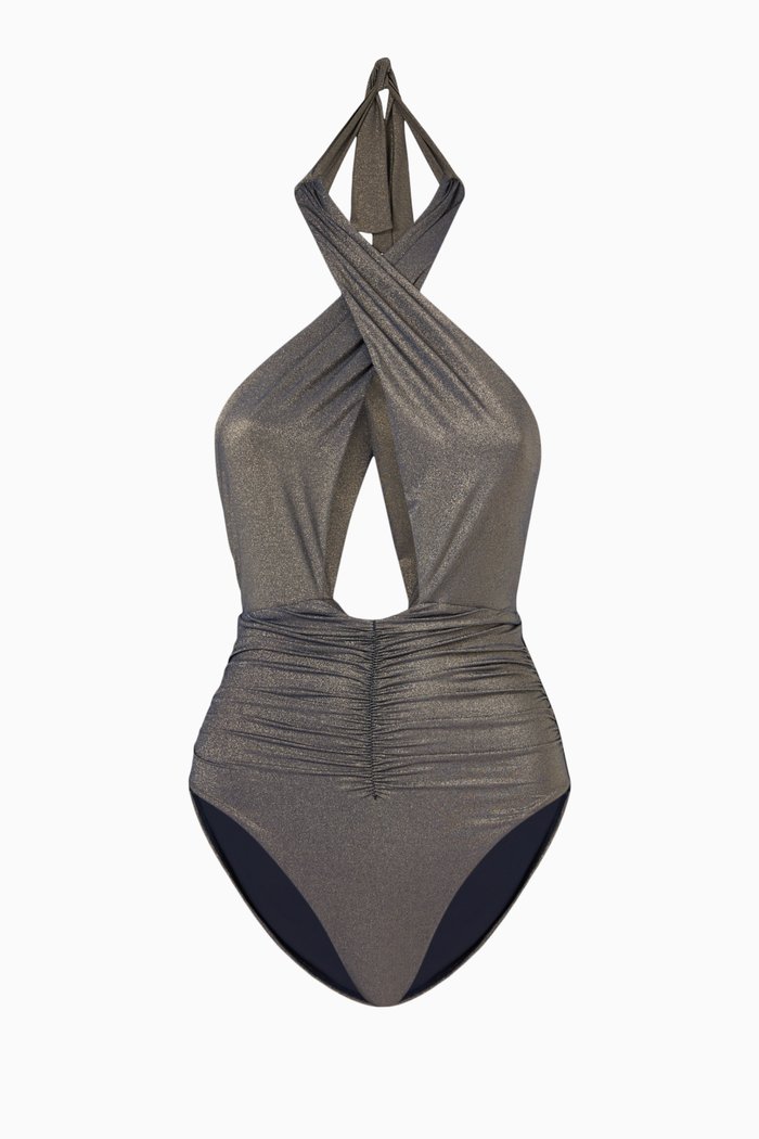

Celine Ruched Swimsuit in Stretch Shimmer Nylon, Silver