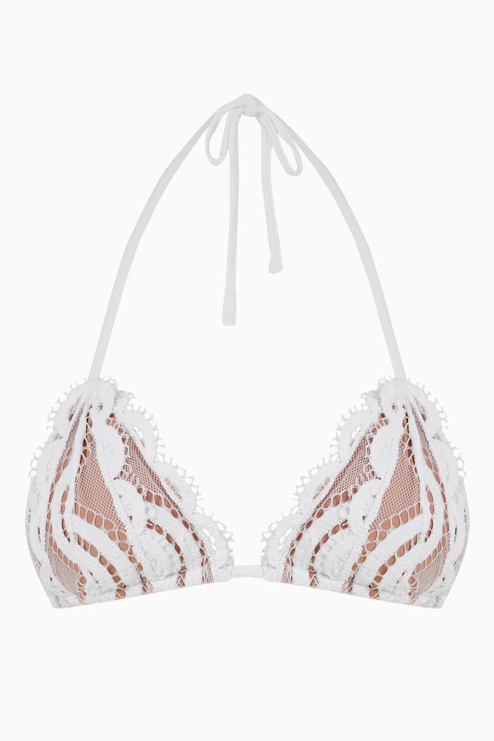 

Lace Tri Bikini Top in Stretch Nylon, White