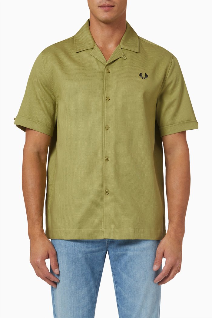 

Texture Revere Collar Shirt in Cotton Piqué, Green