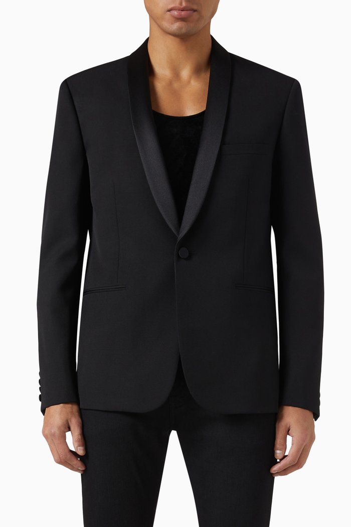 

Shawl Collar Wool Jacket in Grain de Poudre Wool, Black