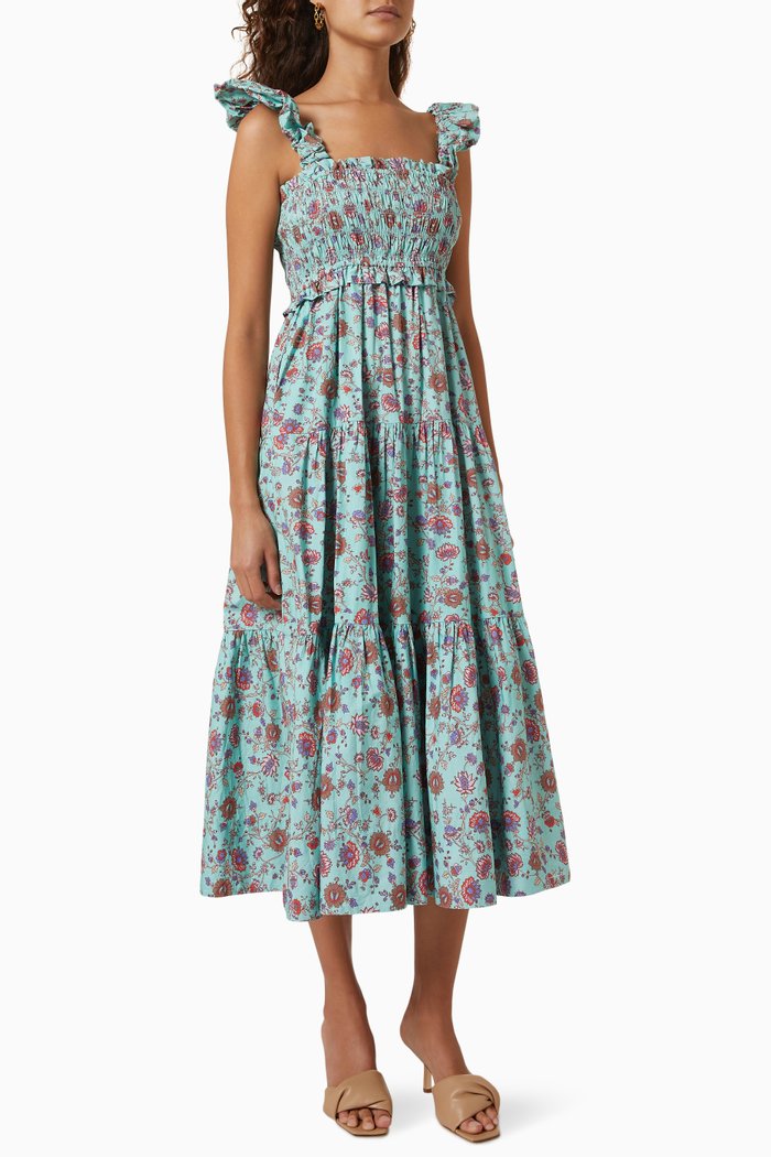 

Brita Smocked Midi Dress in Cotton, Blue