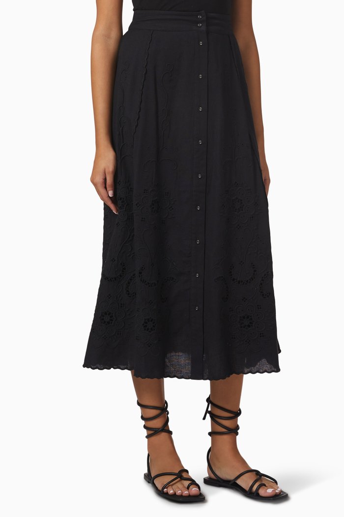 

Kiara Embroidered Midi Skirt in Cotton, Black