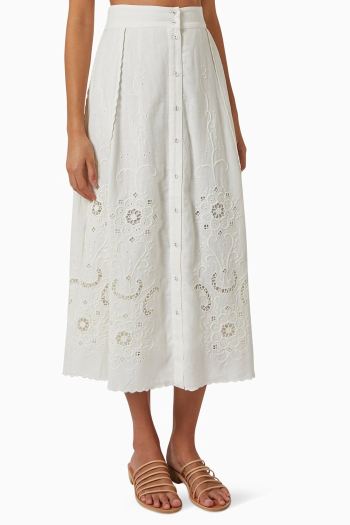

Kiara Embroidered Midi Skirt in Cotton, White