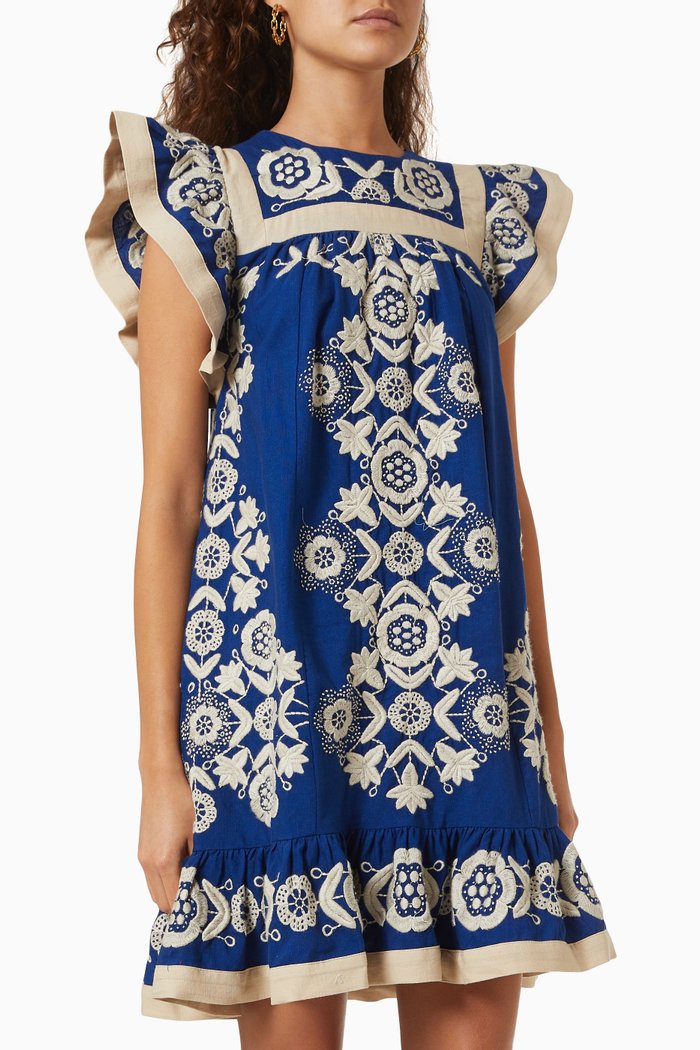 

Manuela Tunic Mini Dress in Cotton and Linen, Blue