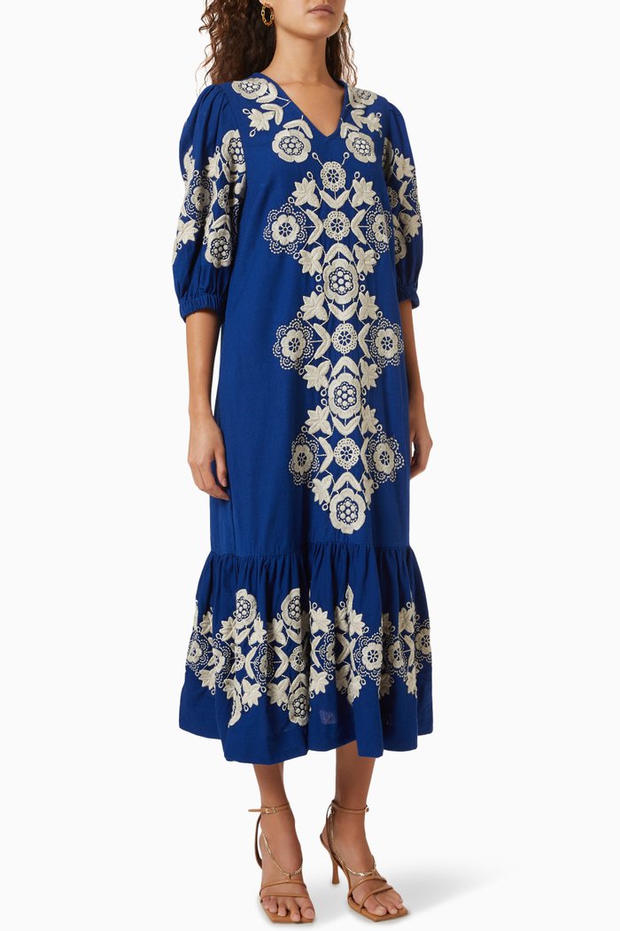 

Manuela Midi Dress in Cotton and Linen, Blue