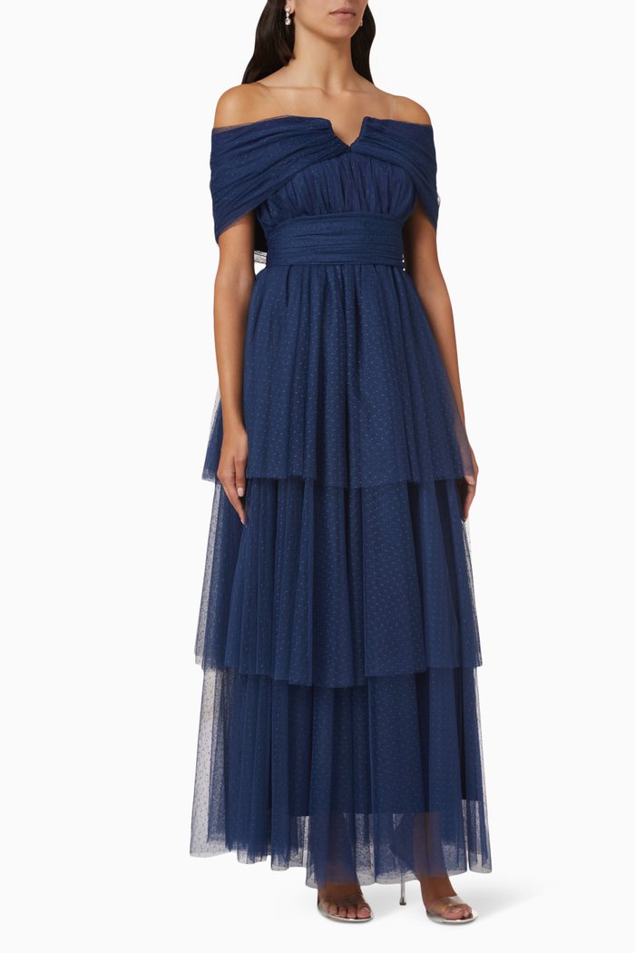 Off-the-shoulder Tiered Maxi Dress in Tulle Mesh, Blue