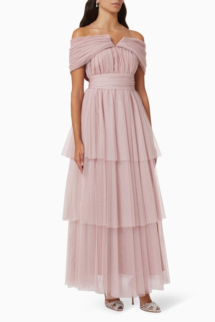 

Off-the-shoulder Tiered Maxi Dress in Tulle Mesh, Pink