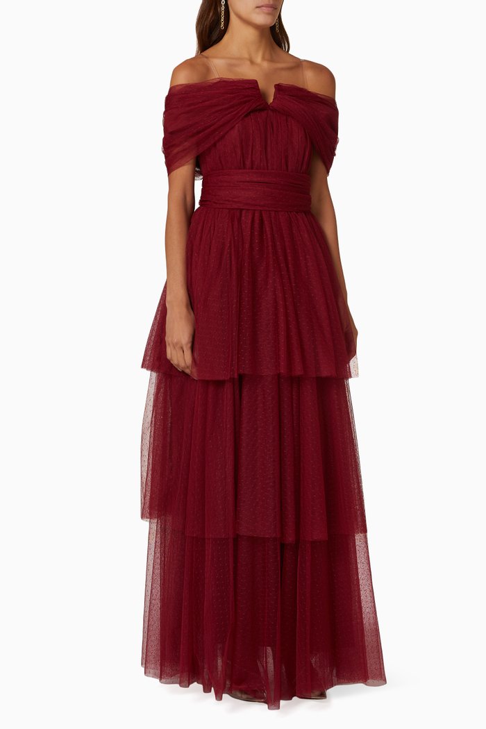 

Off-the-shoulder Tiered Maxi Dress in Tulle Mesh, Red