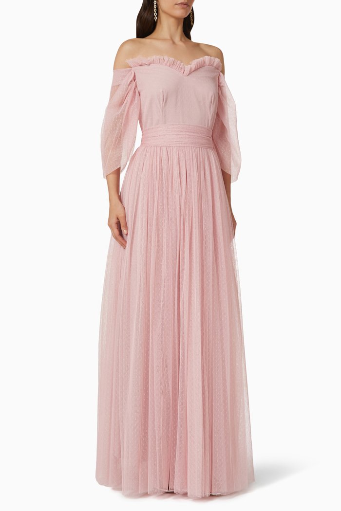 

Off-the-shoulder Maxi Dress in Tulle Mesh, Pink