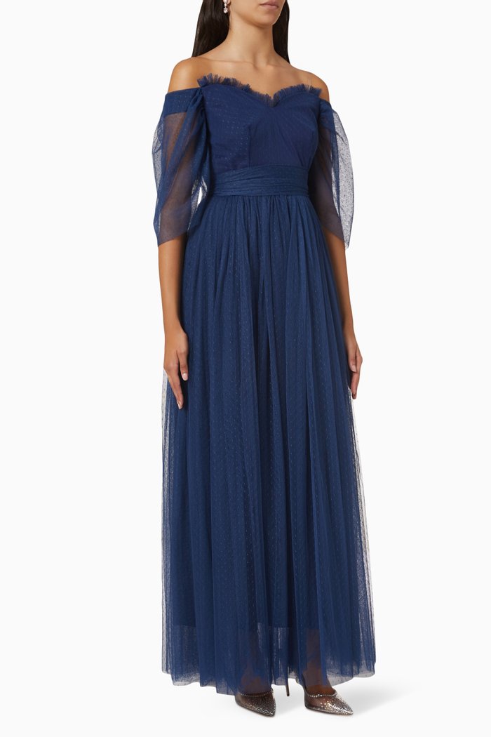 

Off-the-shoulder Maxi Dress in Tulle Mesh, Blue