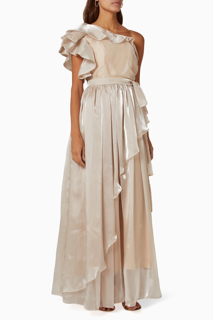 One-shoulder Ruffled Maxi Dress in Shiny Chiffon, Neutral