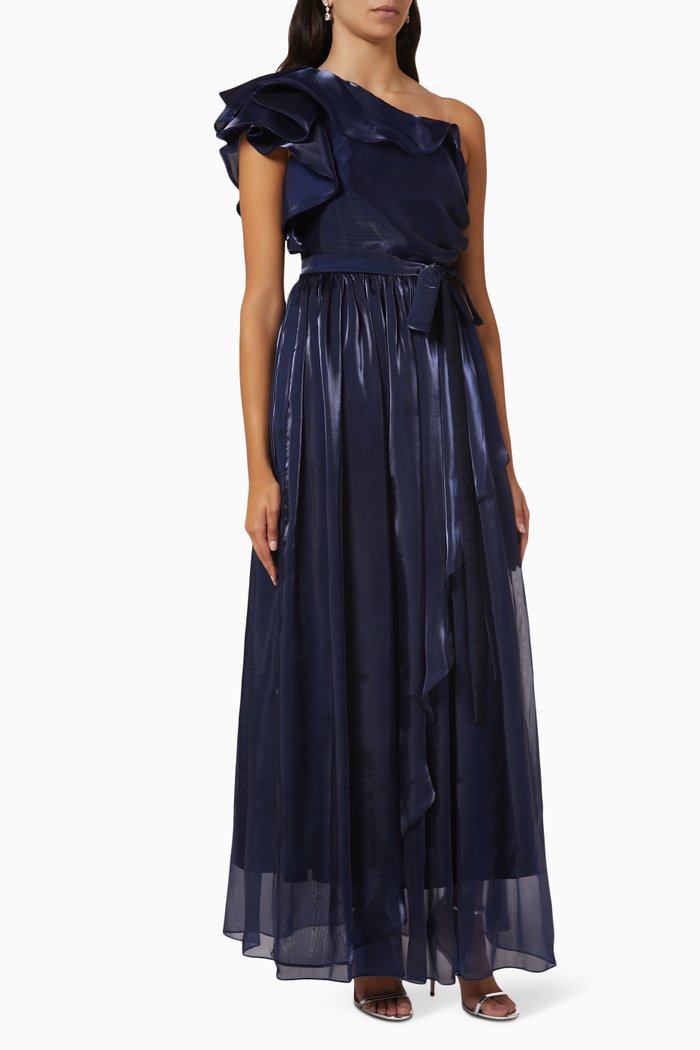 

One-shoulder Ruffled Maxi Dress in Shiny Chiffon, Blue
