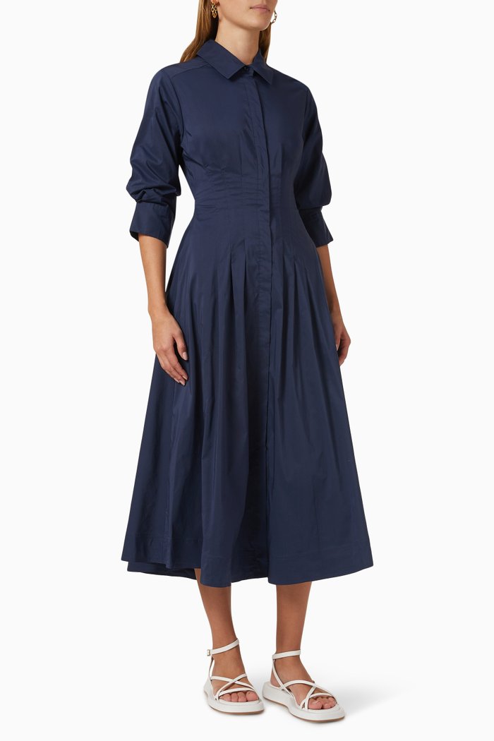 Jazz Pintuck Midi Dress in Cotton Poplin, Blue