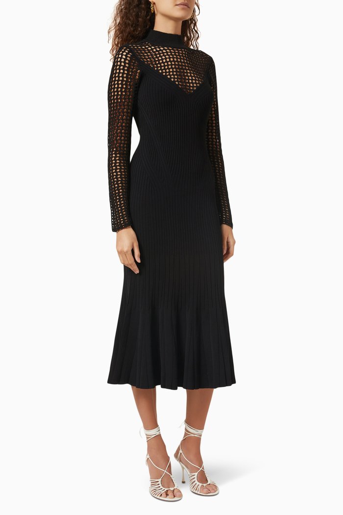 

Randall Net Midi Dress in Compact Rib Knit, Black