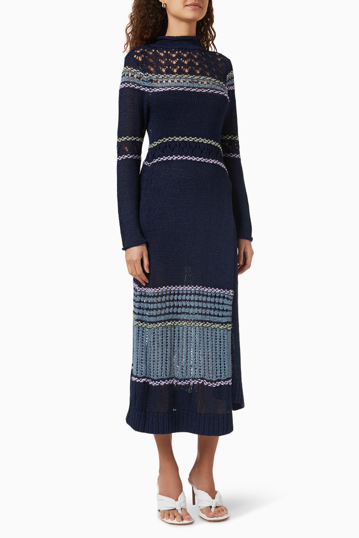 

Ayda Textured Midi Dress in Cotton-blend Knit, Blue