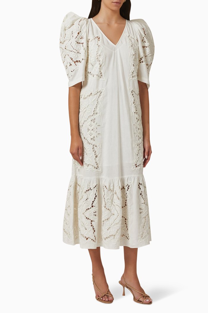 

Anita Eyelet Midi Dress in Cotton-linen, Neutral