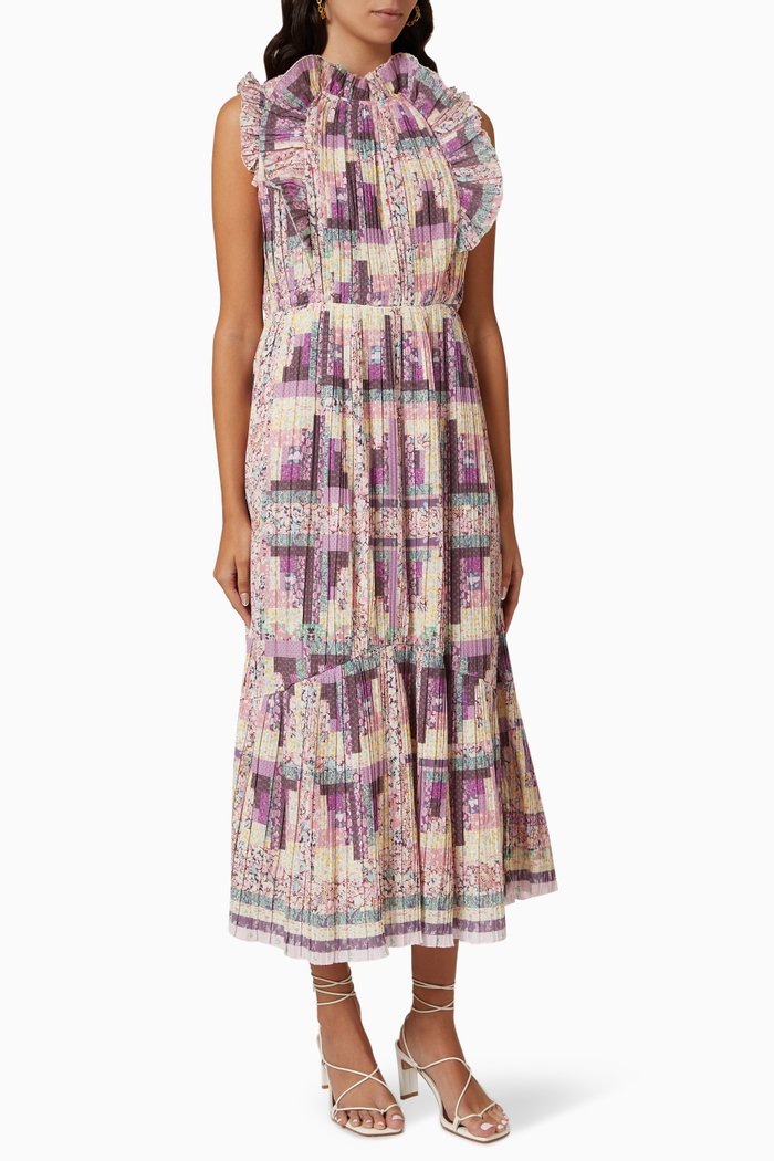 Naya Block-print Pleated Maxi Dress in Cotton-blend, Multicolour