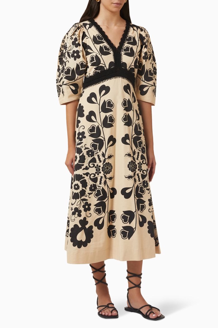 

Edna Floral-print Midi Dress in Cotton-linen, Black