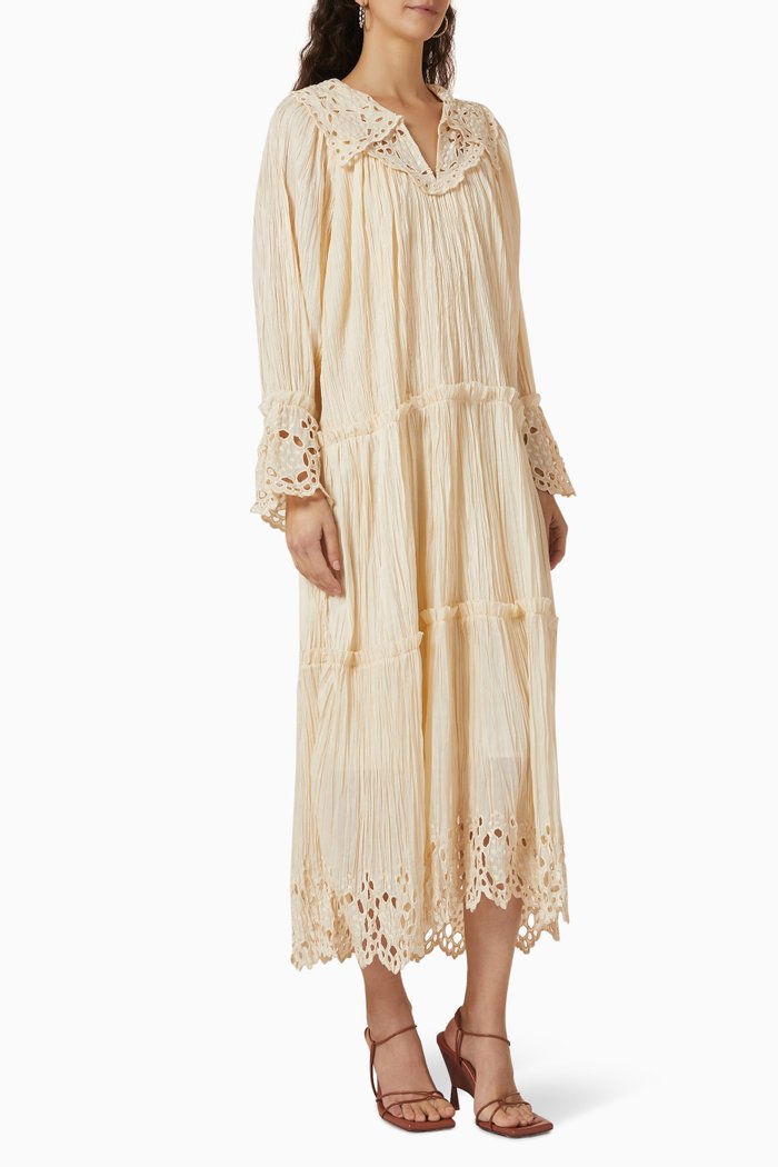 

Elise Eyelet Pleated Midi Dress in Crepe, Neutral