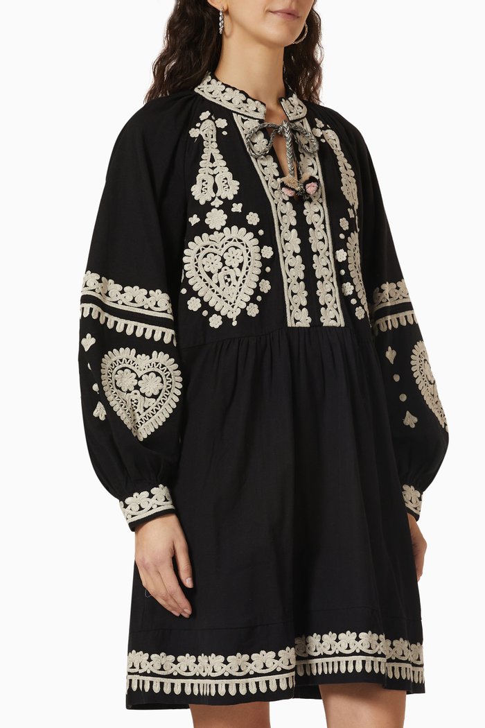 Holly Soutache Mini Dress in Cotton-linen, Black