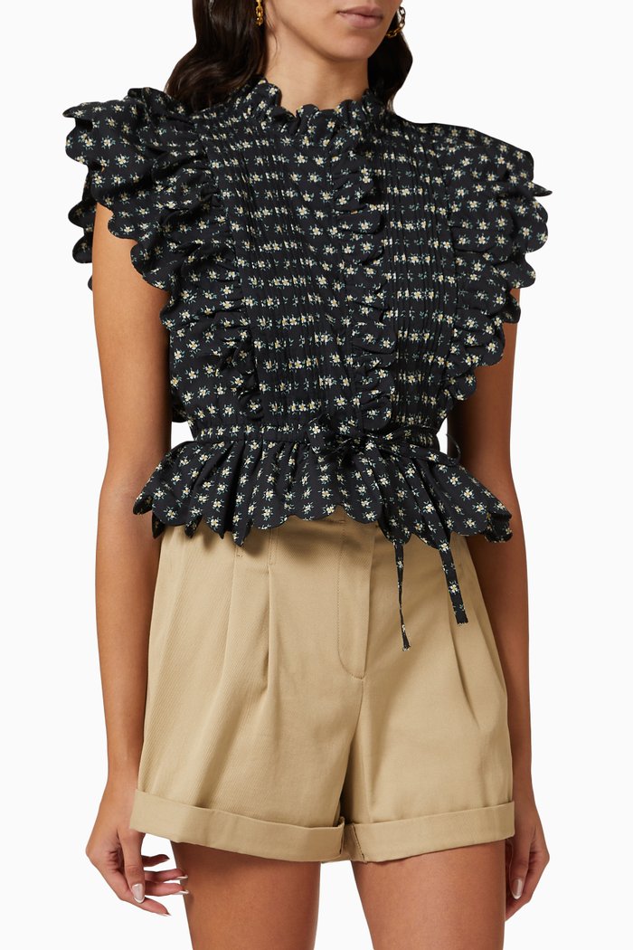 Pascala Floral-print Top in Cotton, Black