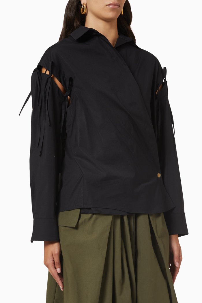 

Drawstring Wrap Shirt in Cotton Poplin, Black