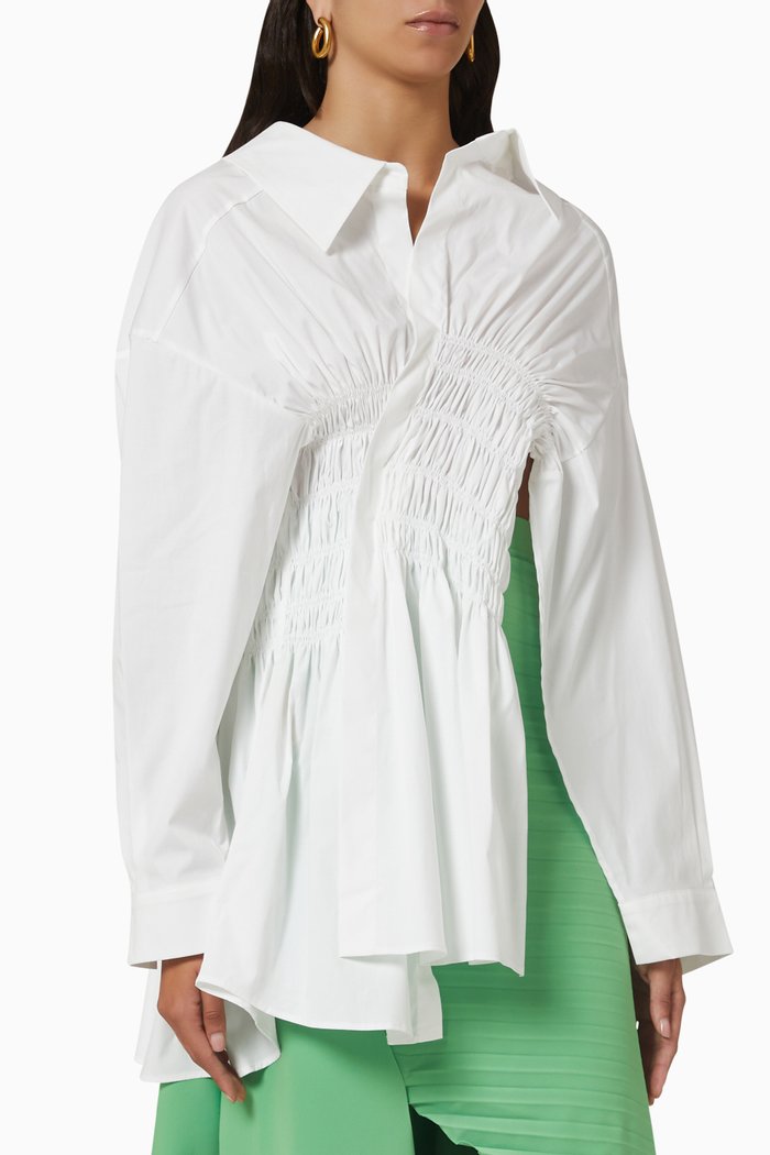

Asymmetric Ruched Shirt in Cotton Poplin, White