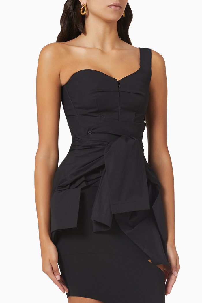 

One Shoulder Corset Shirt in Cotton Poplin, Black