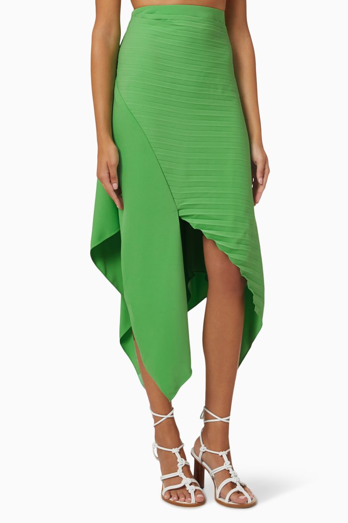 

Asymmetric Pleated Midi Skirt in Crepe, Green