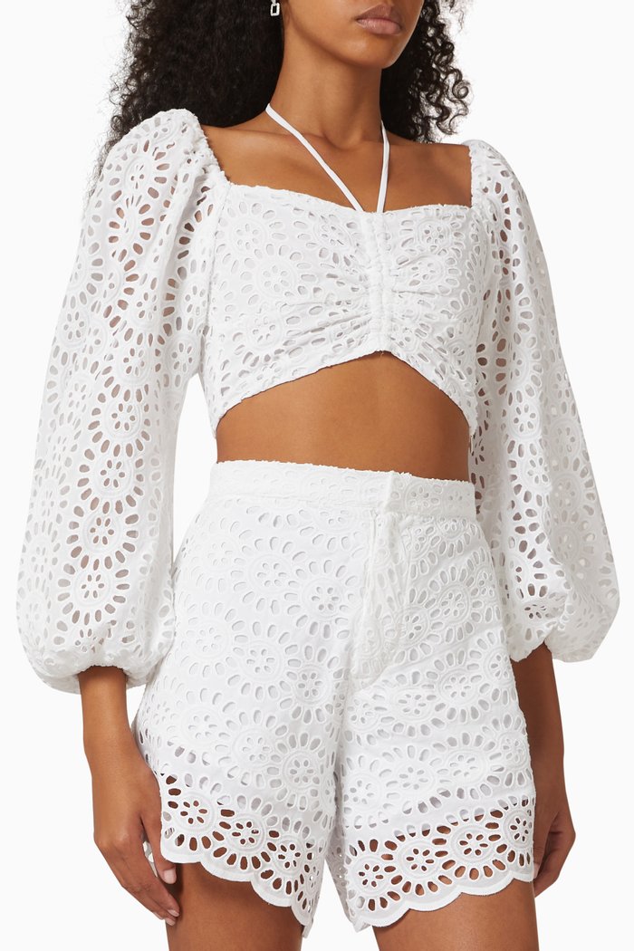 Lucia Eyelet Crop Top in Cotton, White