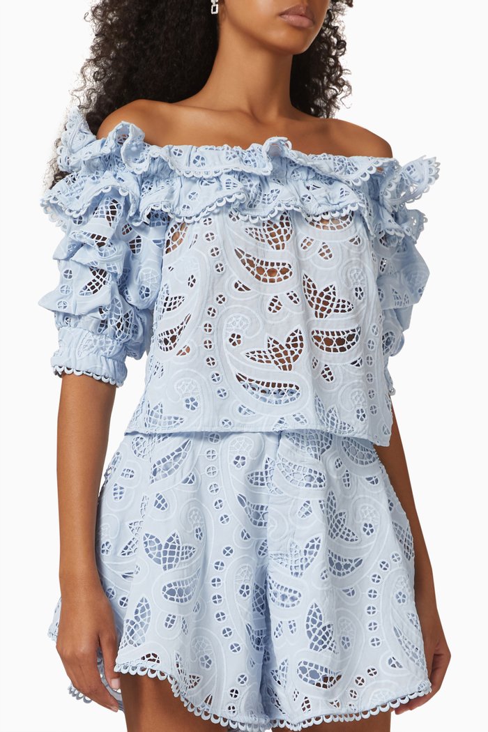 

Agave Eyelet Off-shoulder Top in Cotton Eyelet, Blue