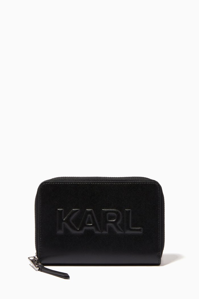 

Karl Embossed Medium Zip Wallet in Leather, Black