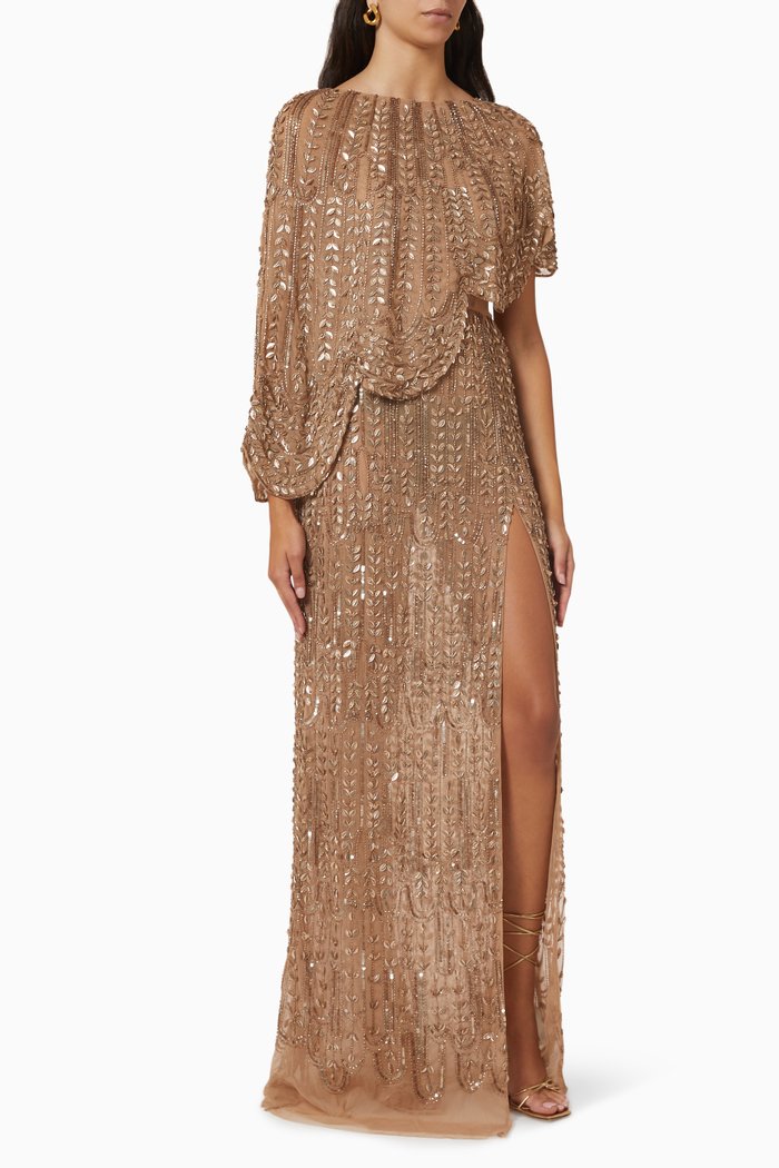 

Red Carpet Asymmetric Cape Dress in Sequins Georgette, Brown