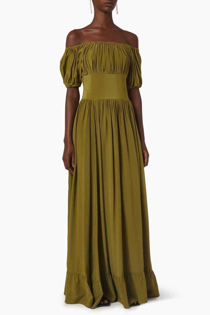 

Hestia Off-shoulder Maxi Dress in Organic Silk, Brown
