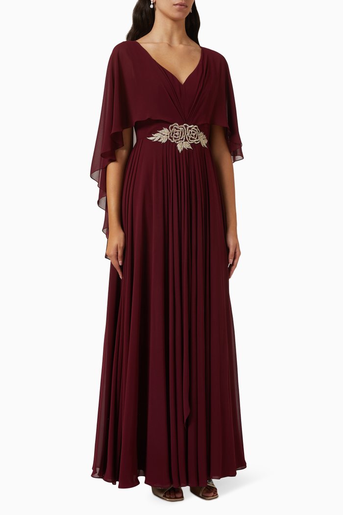 

Embellished Cape Dress in Chiffon, Burgundy