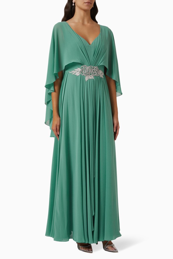 

Embellished Cape Dress in Chiffon, Green