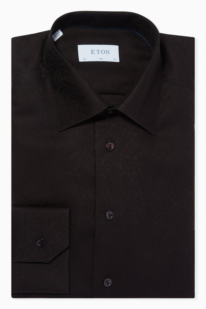 

Paisley Jacquard Slim Fit Tuxedo Shirt in Cotton, Black
