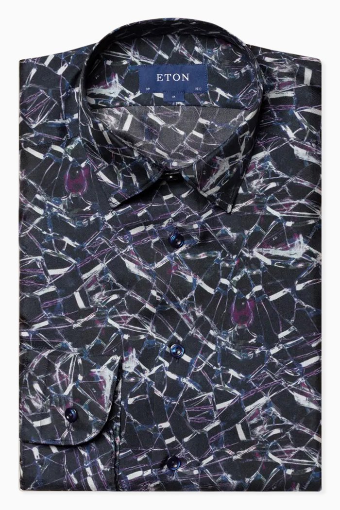

Geometric Print Shirt in Silk Twill, Blue