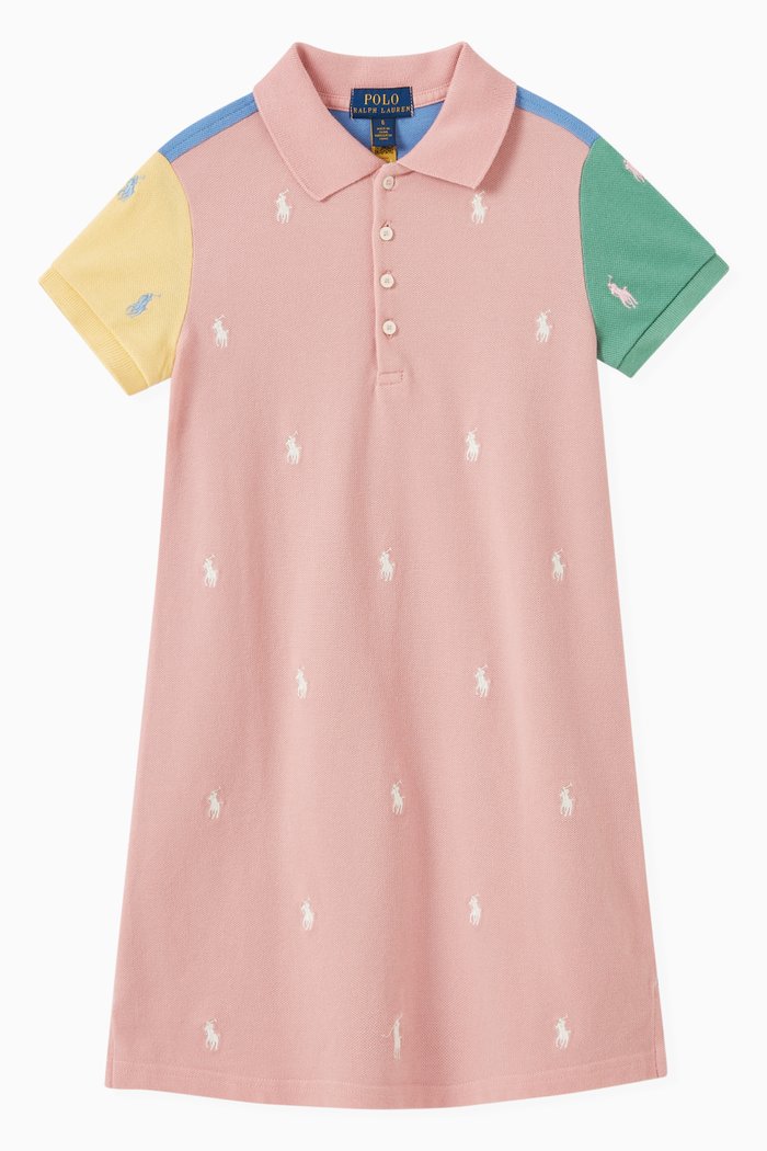 

Multi Embroidered Logo Polo Dress in Cotton Piqué, Pink