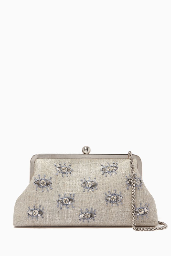 

Eyes Classic Beaded Clutch in Linen, Silver