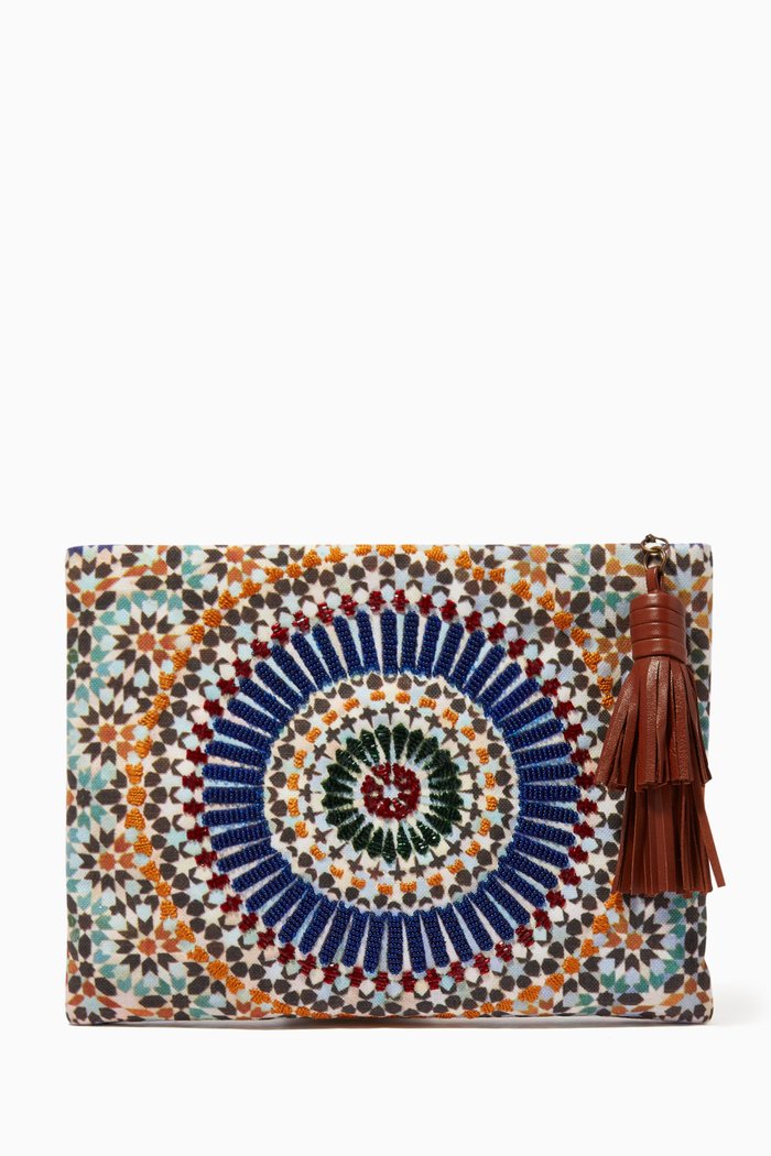 

Zellij Glass-bead Embroidered Pouch in Cotton and Viscose, Multicolour