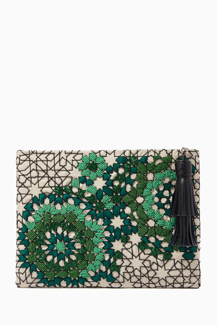 Arabesque Beaded Pouch in Canvas, Green