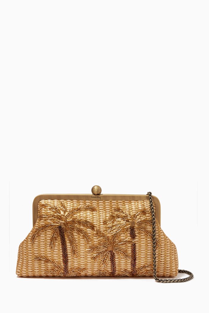 

Oasis Medium Beaded Clutch in Straw, Gold