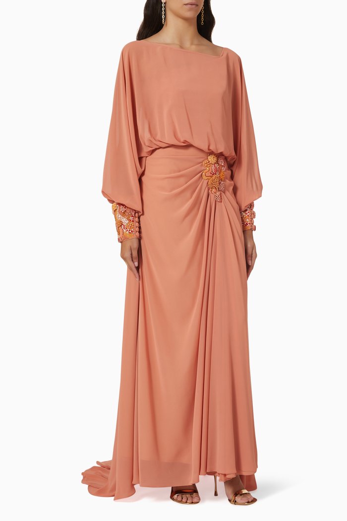 Pleated Waist Draped Maxi Dress, Orange