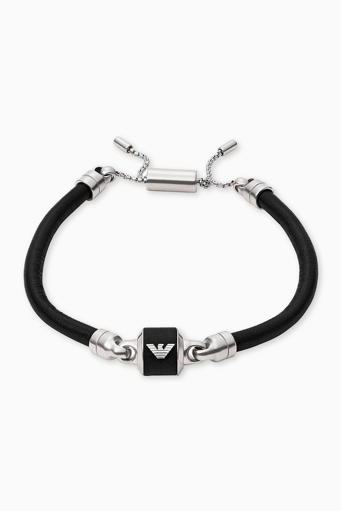 

Marble Logo Bracelet in Leather & Steel, Silver