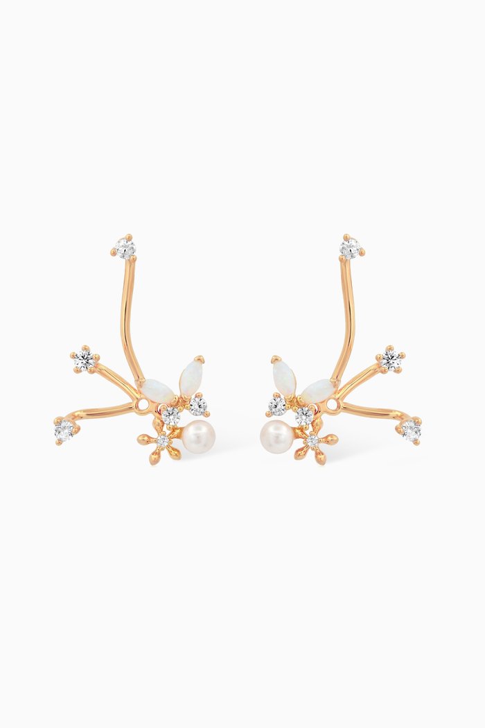 Flower Pearl Ear Climbers in Gold-plated Brass