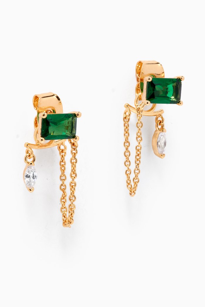 

Chain Crystal Dangle Emerald Studs in Gold-plated Brass, Green